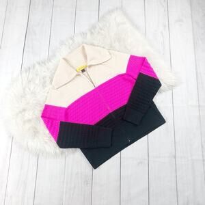 St John Yellow Label Color Block ZIP Up Wool Pullover Sweater Cardigan SZ M $695